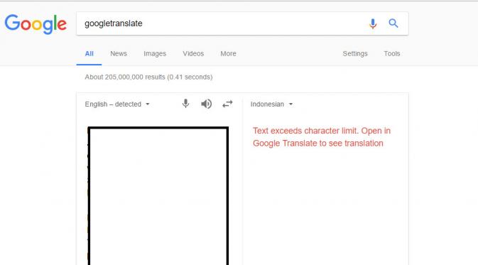 Google kini membatasi jumlah huruf yang bisa diterjemahkan di Google Translate hanya 5.000 karakter saja. (Sumber: Screenshot)