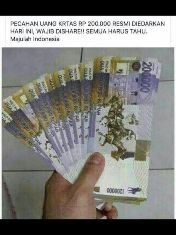 kabar uang pecahan Rp200 ribu yang beredar hoax. | via: istimewa