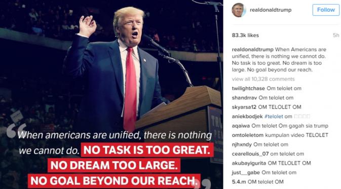 Netizen memang selalu ada-ada saja, demam om telolet om pun sudah membanjiri kolom komentar di akun Instagram Donald Trump. (via: Instagram/@realdonaldtrump)