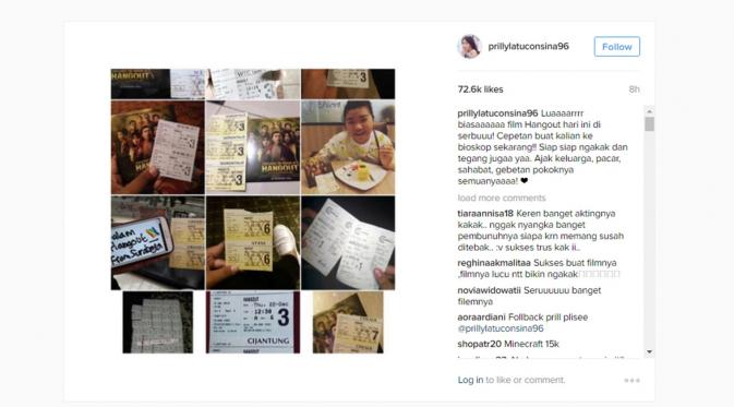 Postingan Prilly Latuconsina mengenai film Hangout di Instagramnya. (Instagram/prillylatuconsina96)