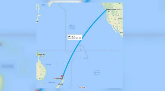 Ilustrasi penerbangan dari Vancouver, Kanada, menuju Auckland, Selandia Baru. (Sumber Google Maps)