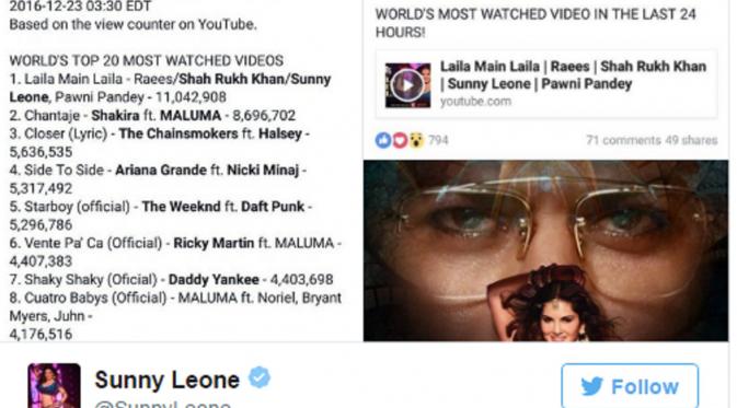 Sunny Leone pamer video duetnya bersama Shah Rukh Khan yang viral, jadi vidoe terpopuler 2016.