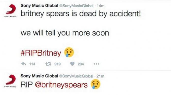 Akun Twitter Sony Music dibajak dan mengabarkan bahwa Britney Spears meninggal dunia. (doc.mirror.co.uk)