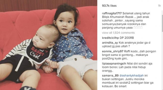 Ucapan selamat ulang tahun Raffi Ahmad untuk anak Ayu Ting Ting. (Instagram/raffinagita1717)