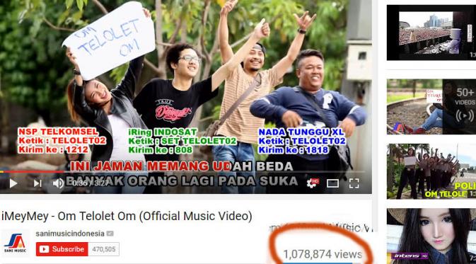 Video klip lagu Om Telolet Om dari iMeyMey ditonton lebih dari 1 juta kali di Youtube.