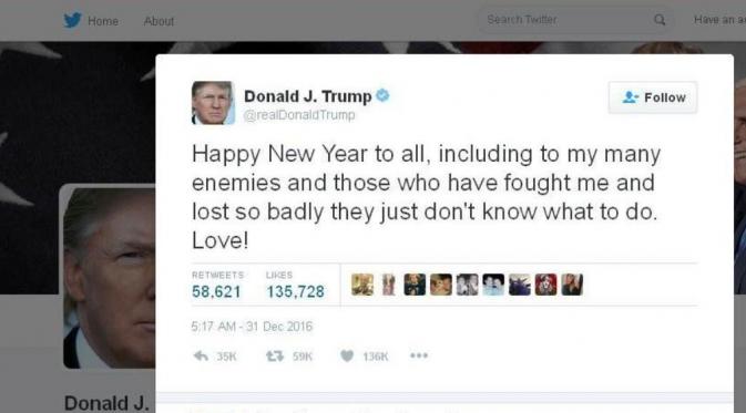 Ucapan tahun baru 2017 dari Donald Trump (Twitter)