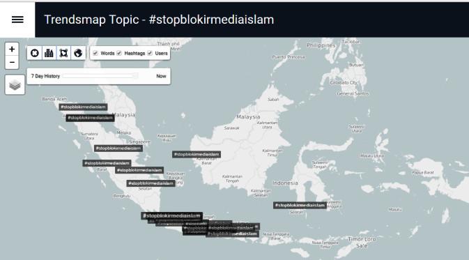 Sebaran Tweet dengan tagar #StopBlokirMediaIslam. Kredit: Trends Map