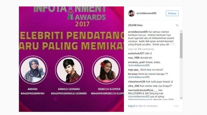 Masuk nominasi Infotainment Awards 2017, Arnold Leonard minta dukungan di Instagram. (Instagram/arnoldleonard05)