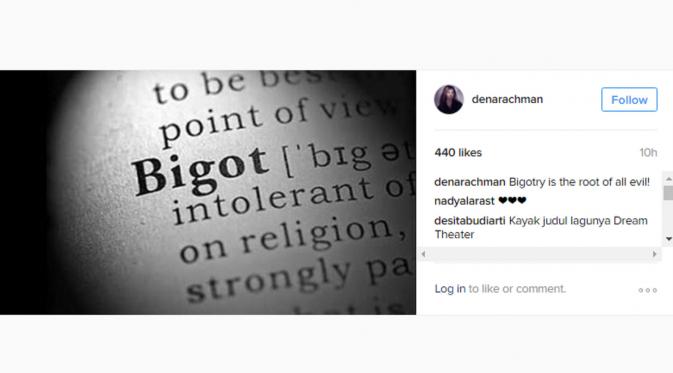 Postingan Dena Rachman tentang kemunafikan. (Instagram/denarachman)