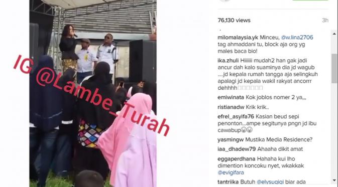 Mulan Jameela saat berkampanye untuk suaminya, Ahmad Dhani di Kabupaten Bekasi. (Instagram @lambe_turah)