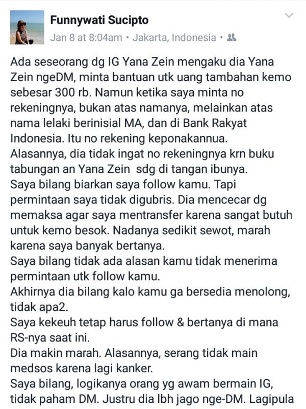 Kisah Yana Zein disalahgunakan oleh pihak yang tak bertanggung jawab. (via Facebook)