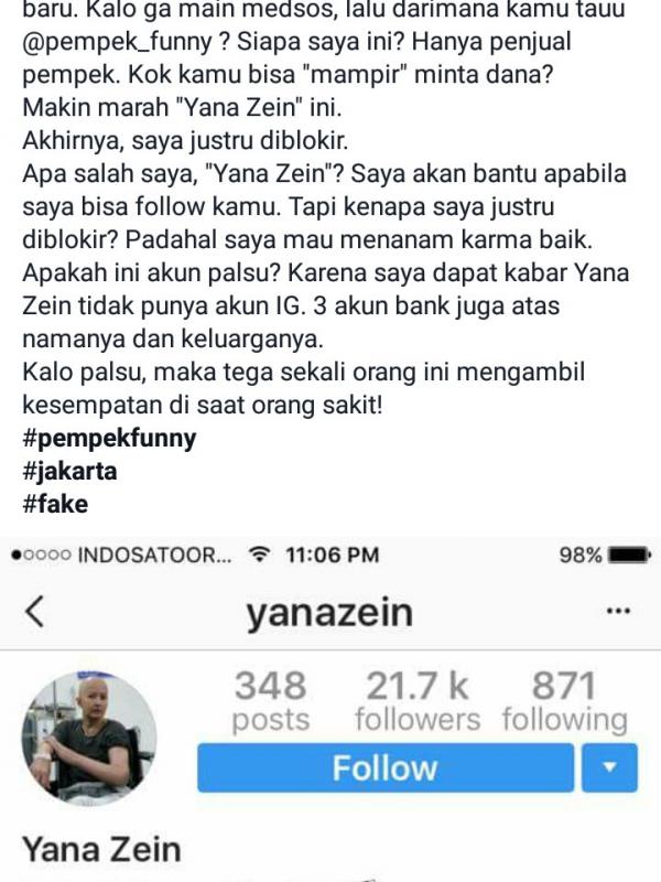 Kisah Yana Zein disalahgunakan oleh pihak yang tak bertanggung jawab. (via Facebook)