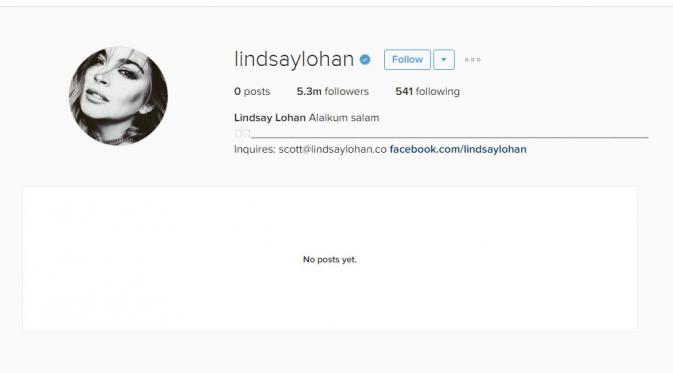 Lindsay Lohan dikabarkan memeluk Islam setelah menghapus seluruh foto di Instagram dan menuliskan 'Alaikum Salam'. (Instagram/lindsaylohan)