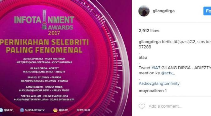 Gilang Dirga dan Adiezty minta dukungan dalam kategori Pernikahan Selebriti Paling Fenomenal, Infotainment Awards 2017. (Via: instagram.com/gilangdirga)