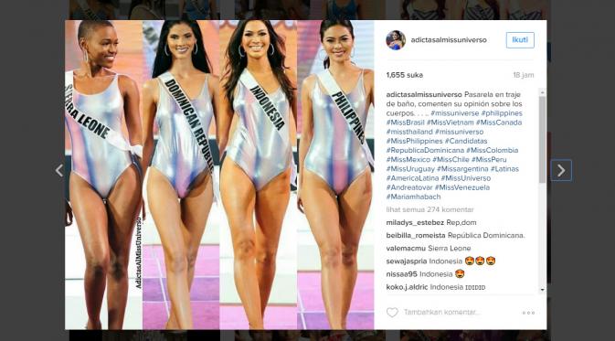 Penampilan Kezia Warouw dalam Swimsuit Presentation bersama kontestan lainnya pada Miss Universe 2016 pada Senin (17/1/2017) (foto: instagram)