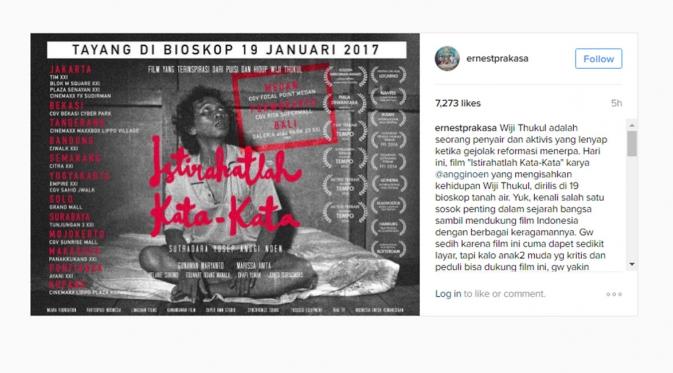 Postingan Ernest Prakasa mengenai film tentang Wiji Thukul bertajuk Istirahatlah Kata-Kata. (Instagram/ernestprakasa)