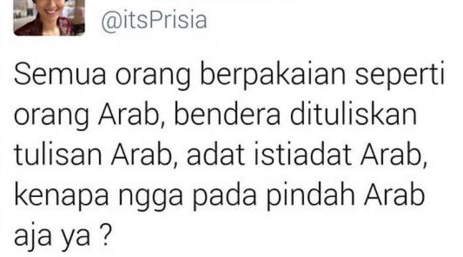 Kicauan Prisia Nasution tentang Arab yang hebohkan netizen. (Twitter/itsPrisia)