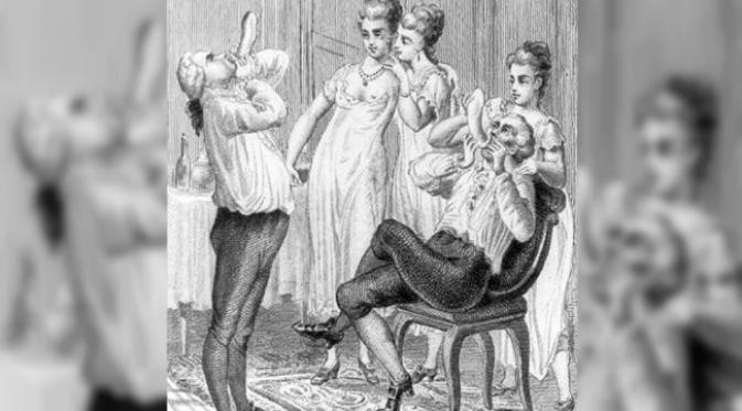 Ilustrasi Giacomo Casanova (1725–1798), pria Italia penakluk wanita, sedang berpesta nakal dengan para wanita menggunakan kondom sebagai hiburan. (Sumber Libyary of Congress)