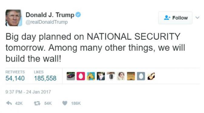 Presiden Donald Trump mencuit tentang keamanan nasional Amerika Serikat. (Sumber @realDonaldTrump)