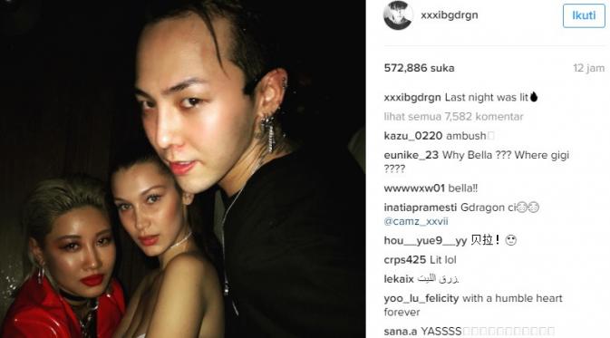 Bella Hadid pesta bersama G-Dragon. (Instagram/xxxibgdrgn)