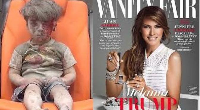 Pose Melania Trump di sampul majalah Vanity Fair disandingkan dengan anak Suriah (Twitter)