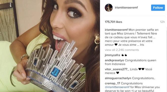 Selfie pertama Iris Mittenaere sebagai Miss Universe 2016. (Instagram/@irismittenaeremf)