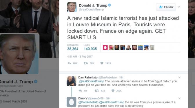 Cuitan Donald Trump soal serangan di Louvre, Prancis (Twitter)