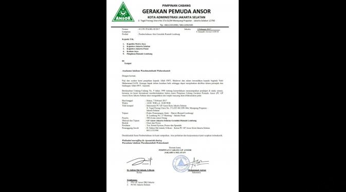 Surat GP Ansor Jakarta Selatan. (ist)