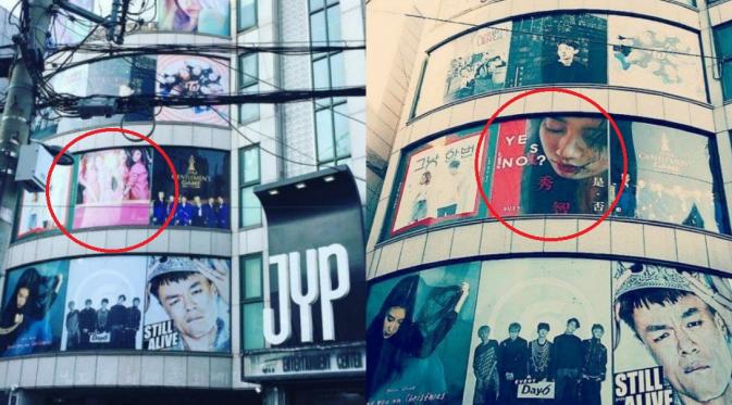 Poster Miss A sebelum dan sesudah dicabut dari gedung JYP [foto: Allkpop]