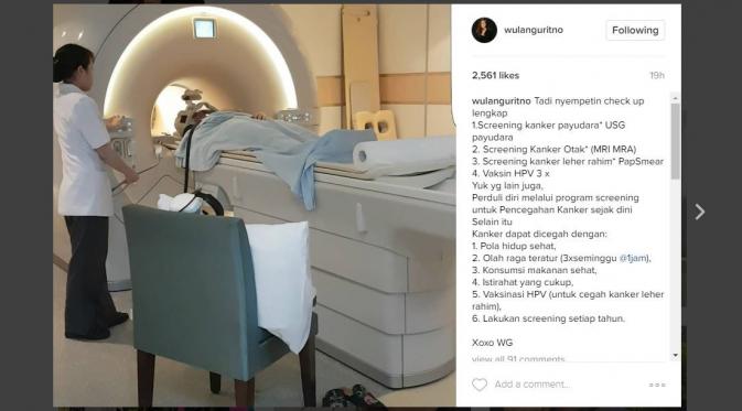 Wulan Guritno melakukan deteksi dini kanker. (instagram/wulanguritno)