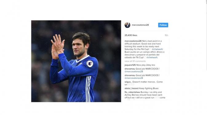 Marcos Alonso, pemain Chelsea menyesalkan hasil imbang melawan Burnley (Instagram)