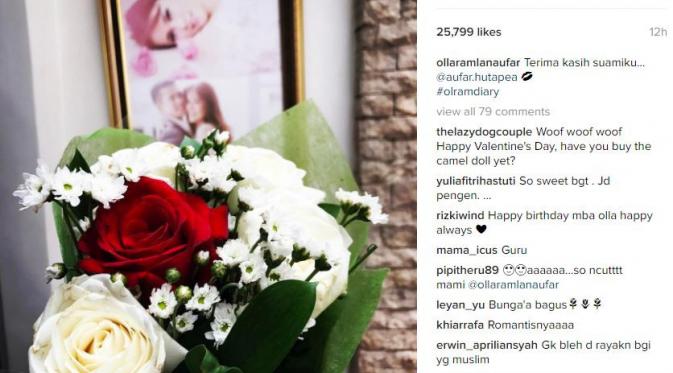 Olla Ramlan dapat bunga dari suaminya di Hari Kasih Sayang (Instagram/@ollaramlanaufar)
