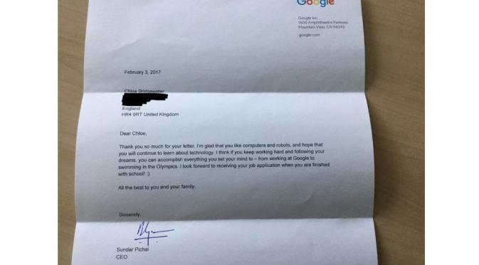 Surat balasan bos Google Sundar Pichai untuk Chloe (Sumber: Business Insider)