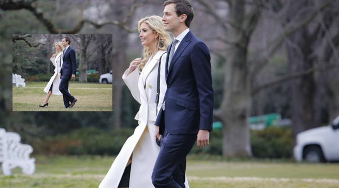 Ivanka Trump dan Jared Kushner saat akan menaiki helikopter di South Lawn, Gedung Putih. (AP)