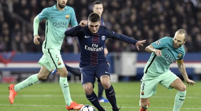 Gelandang PSG Marco Verratti beraksi pada laga melawan Barcelona di Parc des Princes, Paris, 14 Februari 2017. (AFP/Philippe Lopez)