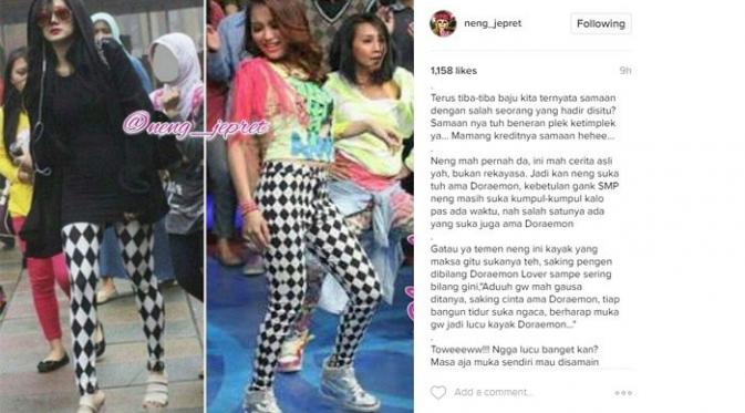 Penyanyi Ayu Ting Ting dan Mulan Jameela tampil kompak dengan celana yang mirip bermotif geometris monokrom. Sumber: Instagram/neng_jepret