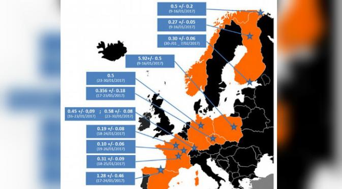 Keberadaan Iodine-131 di sejumlah negara Eropa (IRSN)