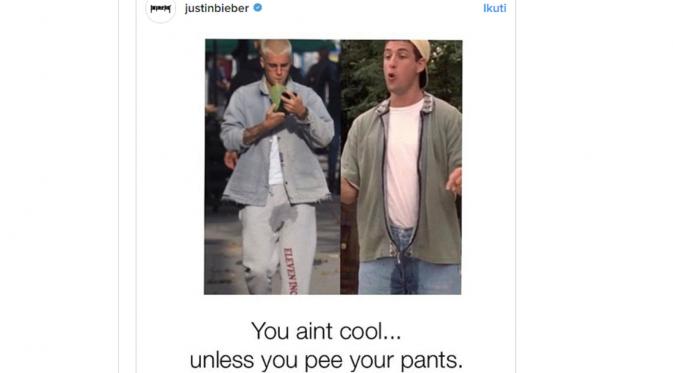 Justin Bieber ikut membuat meme tentang celana basah yang dikenakannya (Pinterest)