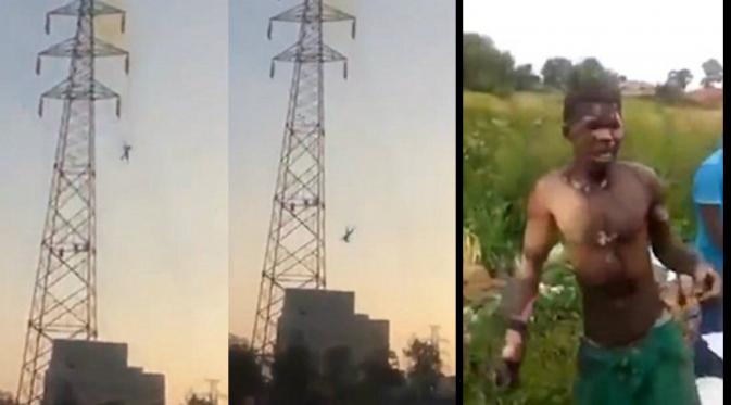 Pria yang disebutkan tersetrum listrik 30 ribu volt dan terjatuh dari ketinggian 30 meter. (Screen Grab)