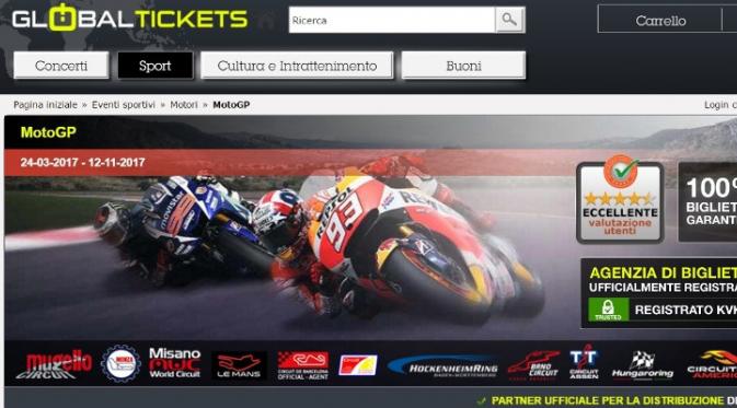 Halaman muka situs distributor resmi tiket MotoGP Italia di Mugello yang menampilkan foto Jorge Lorenzo dan Marc Marquez. (www.global-tickets.com)