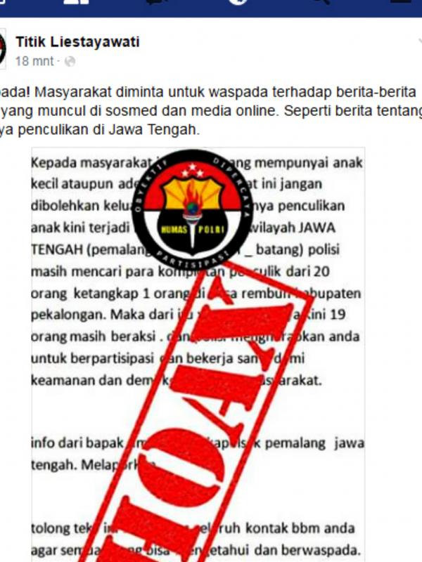 Salah satu akun kepolisian setempat di media sosial yang menginformasikan adanya hoax atau berita bohong terkait penculikan anak. (Foto: Medsos/Fajar Eko Nugroho)