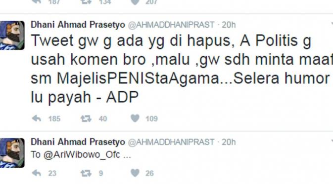 Cuitan Ahmad Dhani yang disebut menegur Ari Wibowo. (Twitter @AHMADDHANIPRAST)
