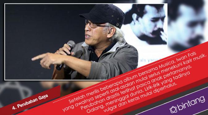 Seiring dengan berjalannya waktu, Iwan Fals mengalami pergantian gaya dalam menulis lagu. (Desain: Nurman Abdul Hakim/Bintang.com)