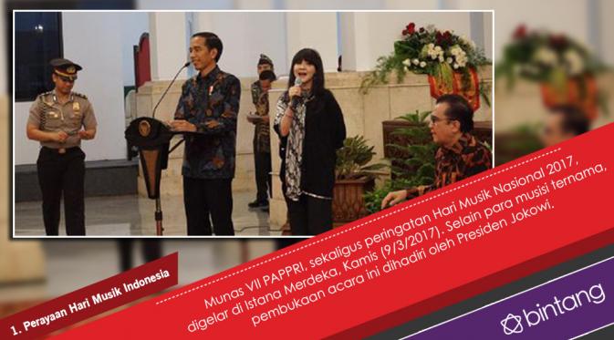 Dalam rangka merayakan hari musik nasional, Presiden Jokowi, Raisa, Andre Hehanusa, dan Bimbo. (Desain: Muhammad Iqbal Nurfajri/Bintang.com)
