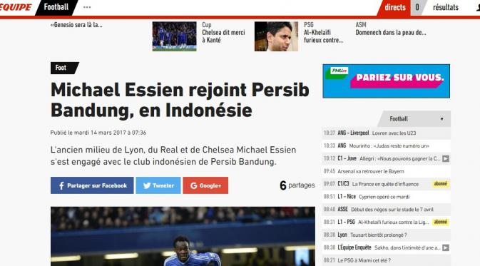 Media asal Prancis, L'Equipe membahas kepindahan Michael Essien ke Persib Bandung. 