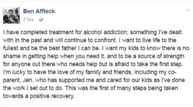 Pernyataan Ben Affleck soal dirinya yang terbebas dari kecanduan alkohol. [foto: facebook/benaffleck]