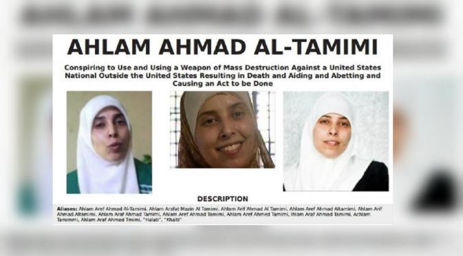 Ahlam Aref Ahmad al-Tamimi, perempuan asal Yordania yang masuk daftar teroris paling diburu AS (FBI/Al Jazeera)