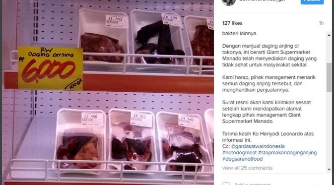 Davina Veronica menunjukkan bukti penjualan daging anjing di salah satu supermarket ternama di Manado. (Instagram @davinaverinica_gsi)