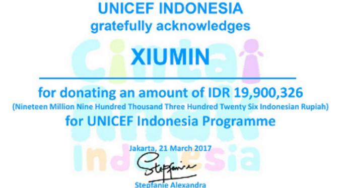 Fans Xiumin EXO di Indonesia menyumbangkan dana pada UNICEF. (Twitter/xiuminunionina)