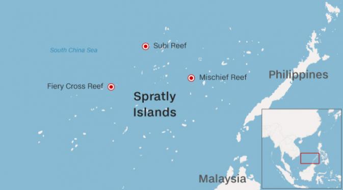 Lokasi Pulau Fiery Cross, Mischief dan Subi di Laut China Selatan (CNN)